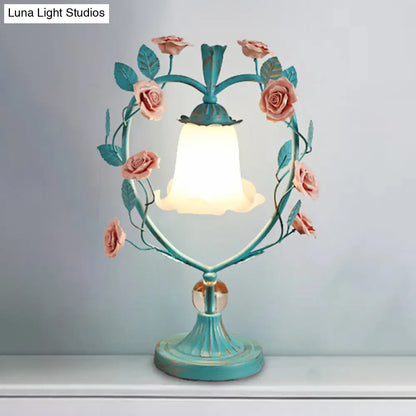 Classic White Glass Night Light with Heart Frame and Rose Design - Beige/Blue