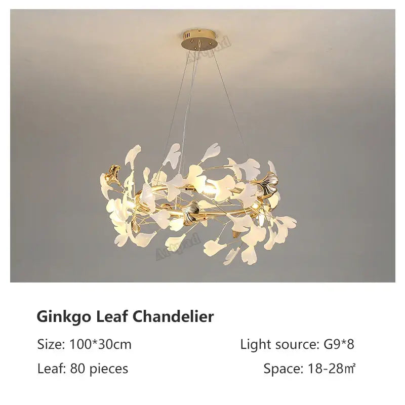 Elegant gold leaf pendant lamp with translucent white ginkgo leaves and eight g9 bulbs for dining room lighting decorbites classic white