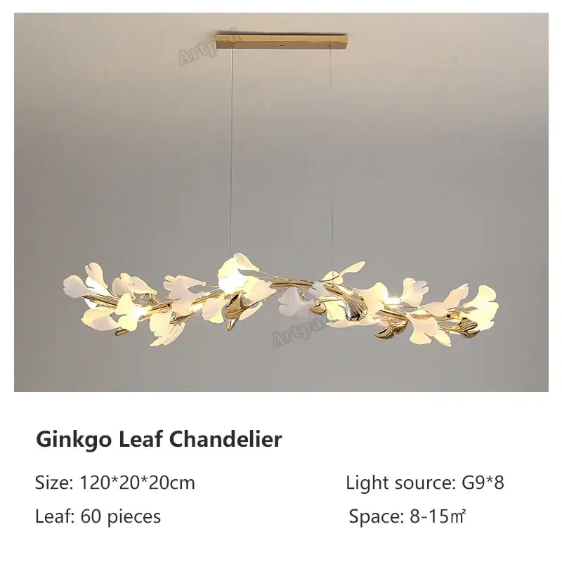 A decorbites classic white pendant lamp with gold leaf pendant design featuring illuminated ginkgo leaves for dining room lighting