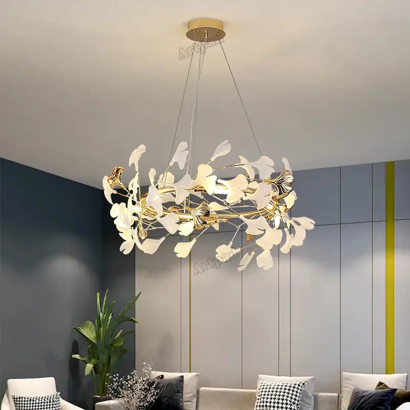 Decorbites classic white gold leaf pendant lamp with gold-toned branches and white leaf-shaped glass components for dining room lighting