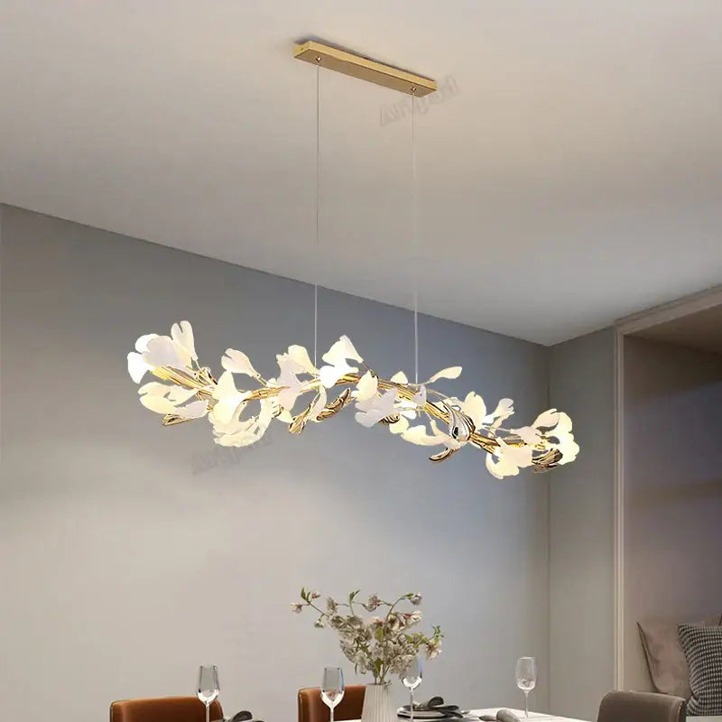 Gold-toned decorbites classic white pendant lamp with delicate white petal fixtures in gold leaf pendant design for dining room lighting
