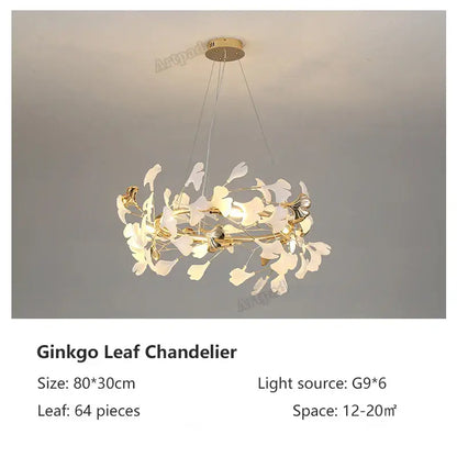 Gold-toned ginkgo leaf pendant lamp with 64 translucent white leaves decorbites classic white gold leaf pendant lamp