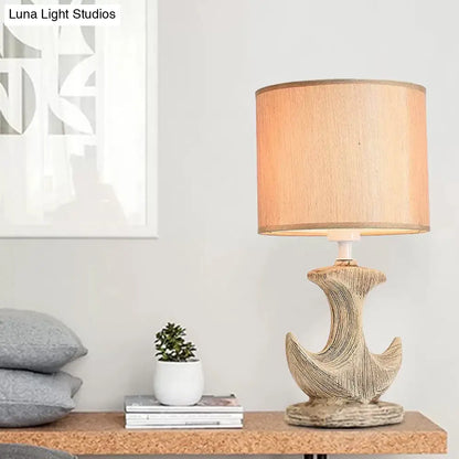 Classic White/Tan Cylinder Desk Lamp with Ceramic Sailboat Base - Plug-in Table Light