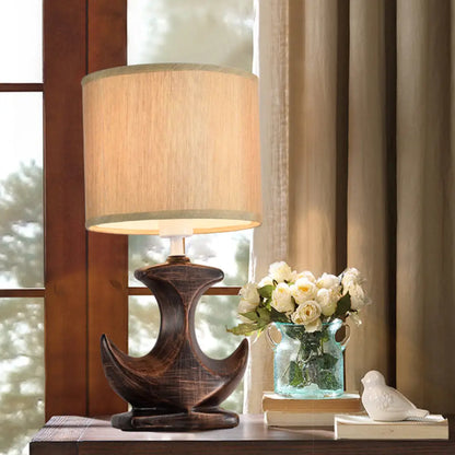 Classic White/Tan Cylinder Desk Lamp with Ceramic Sailboat Base - Plug-in Table Light