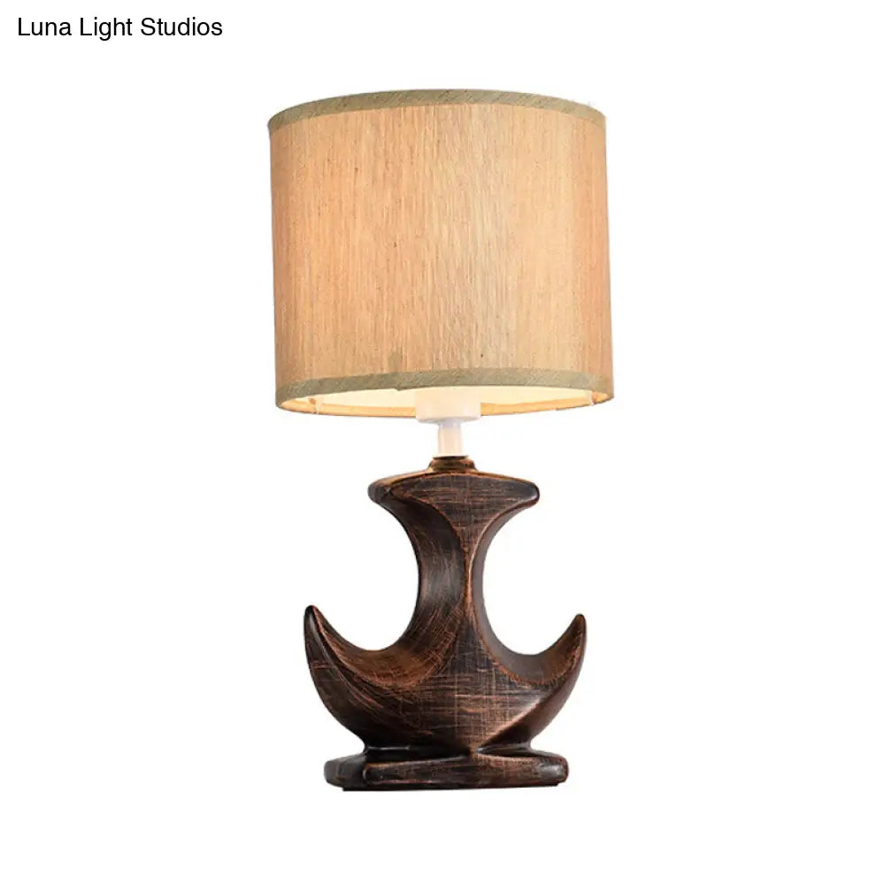 Classic White/Tan Cylinder Desk Lamp with Ceramic Sailboat Base - Plug-in Table Light