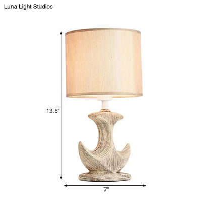 Classic White/Tan Cylinder Desk Lamp with Ceramic Sailboat Base - Plug-in Table Light