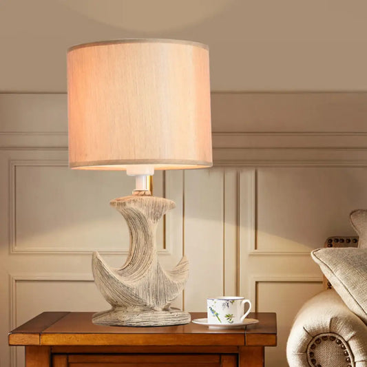 Classic White/Tan Cylinder Desk Lamp with Ceramic Sailboat Base - Plug-in Table Light