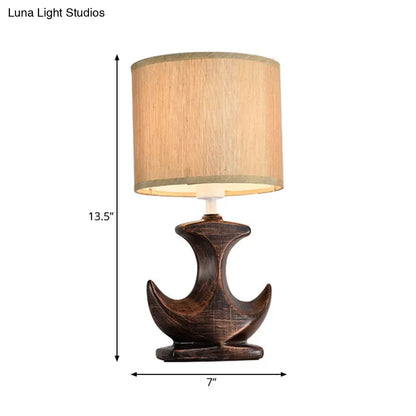 Classic White/Tan Cylinder Desk Lamp with Ceramic Sailboat Base - Plug-in Table Light