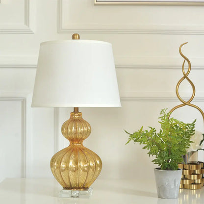 Classic White Tapered Drum Nightstand Lamp with Elegant Gold Gourd Base, 1 Light