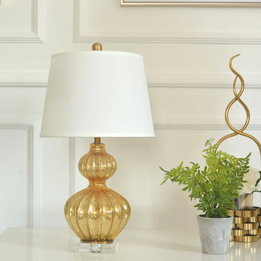 Classic White Tapered Drum Nightstand Lamp with Elegant Gold Gourd Base, 1 Light