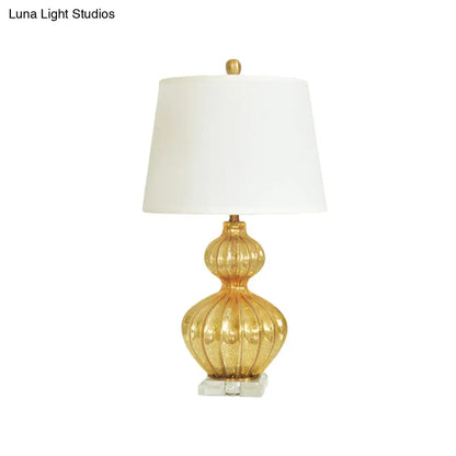 Classic White Tapered Drum Nightstand Lamp with Elegant Gold Gourd Base, 1 Light