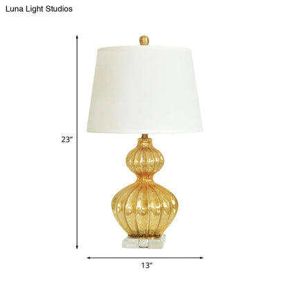 Classic White Tapered Drum Nightstand Lamp with Elegant Gold Gourd Base, 1 Light