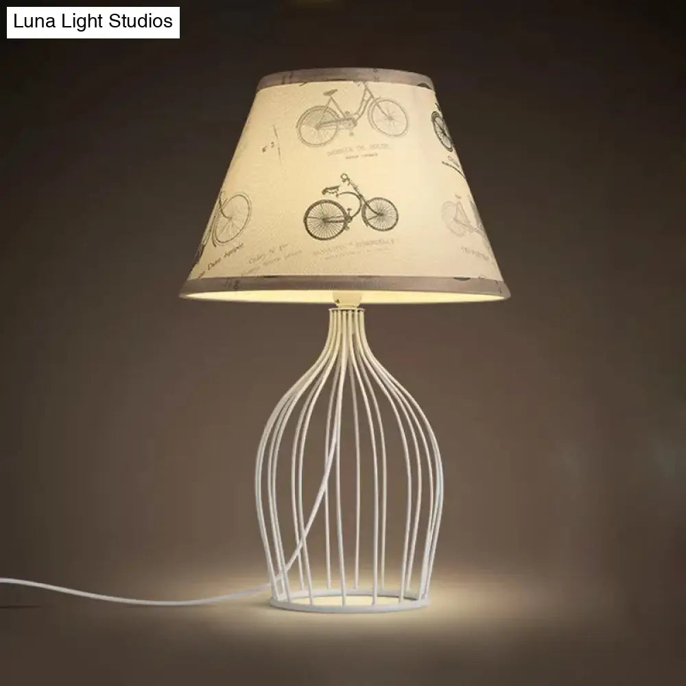 Classic White Tapered Nightstand Lamp - Traditional Fabric Shade, Single Head, Wire Cage Base - for Living Room Desk