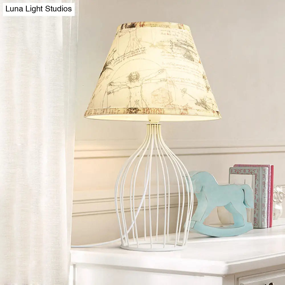 Classic White Tapered Nightstand Lamp - Traditional Fabric Shade, Single Head, Wire Cage Base - for Living Room Desk