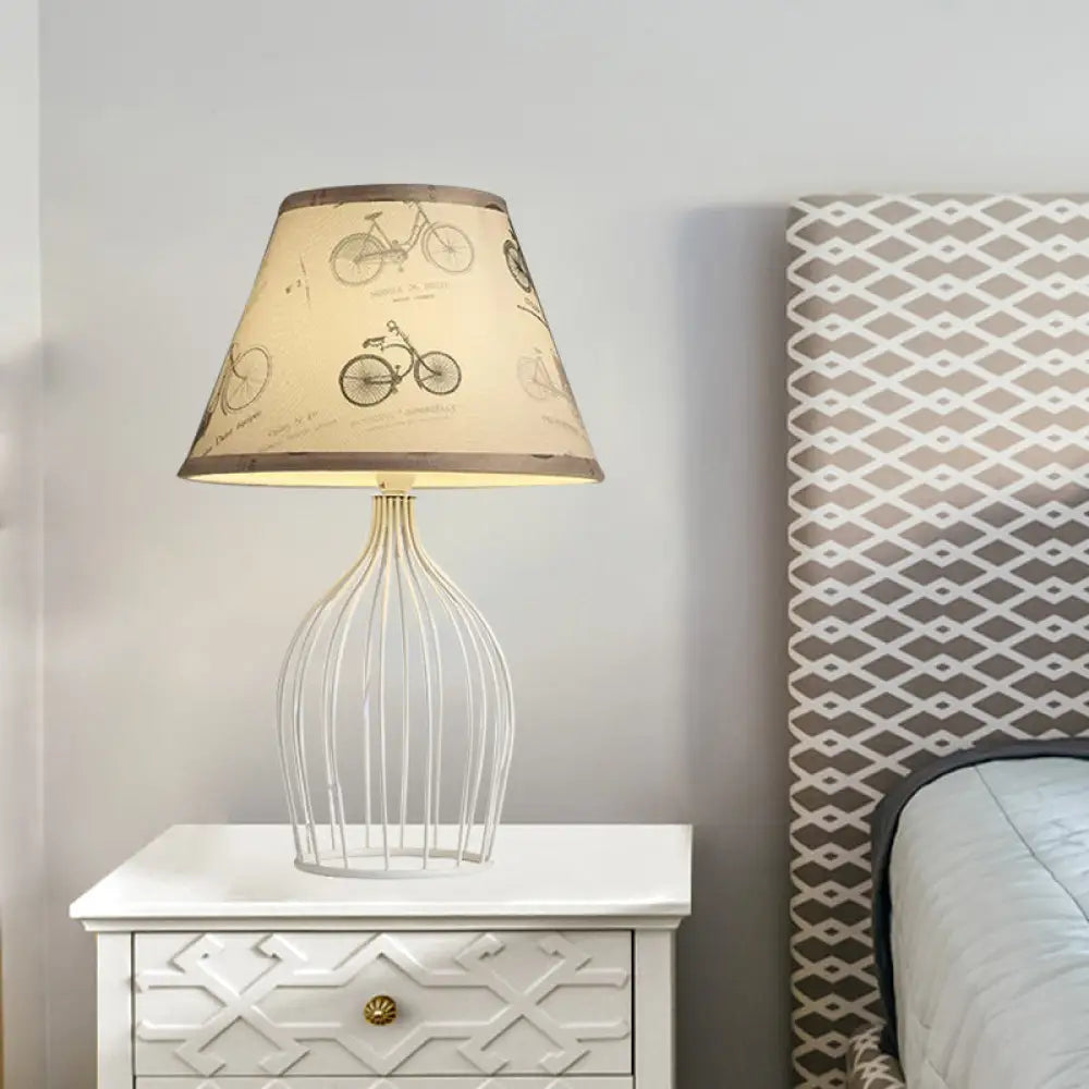 Classic White Tapered Nightstand Lamp - Traditional Fabric Shade, Single Head, Wire Cage Base - for Living Room Desk