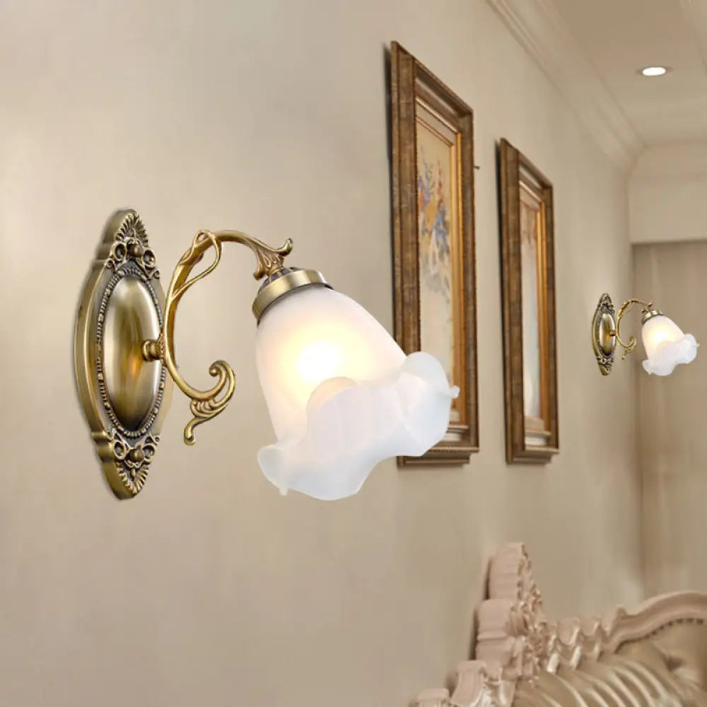 Classic White Wall Light with Single-Bulb & Frosted Glass Flower Shade