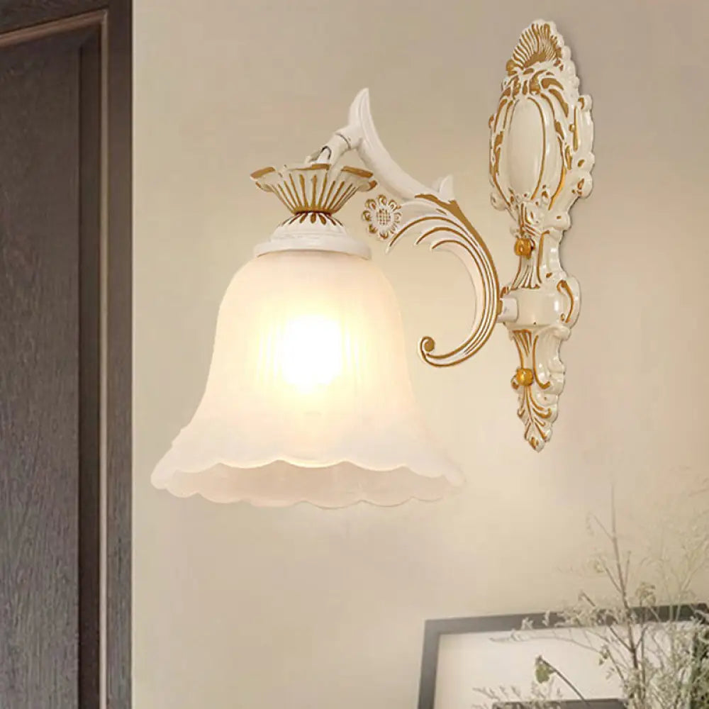 Classic White Wall Light with Single-Bulb & Frosted Glass Flower Shade