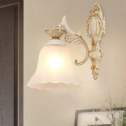 Classic White Wall Light with Single-Bulb & Frosted Glass Flower Shade
