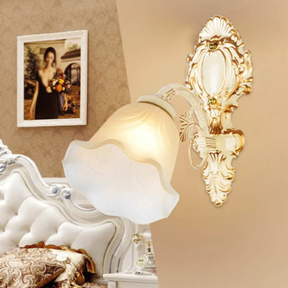 Classic White Wall Light with Single-Bulb & Frosted Glass Flower Shade