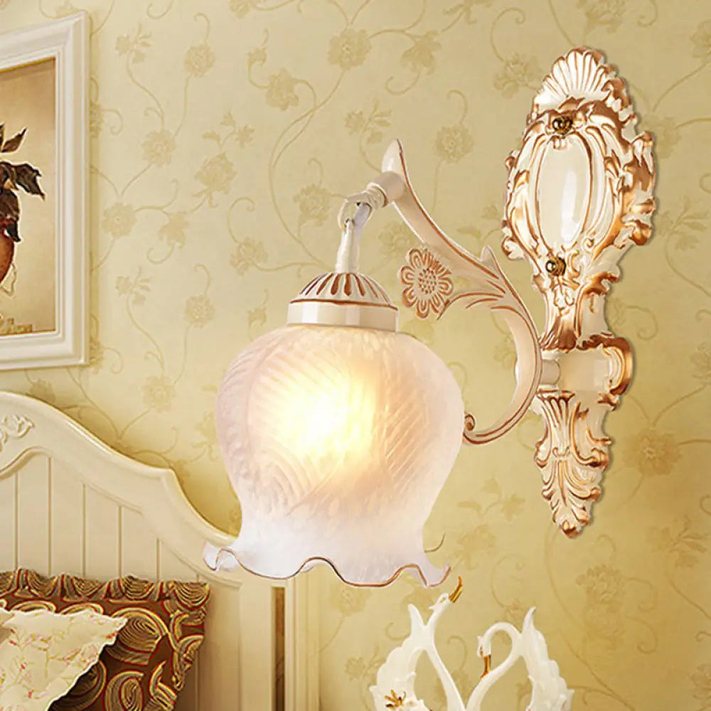 Classic White Wall Light with Single-Bulb & Frosted Glass Flower Shade