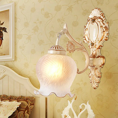 Classic White Wall Light with Single-Bulb & Frosted Glass Flower Shade
