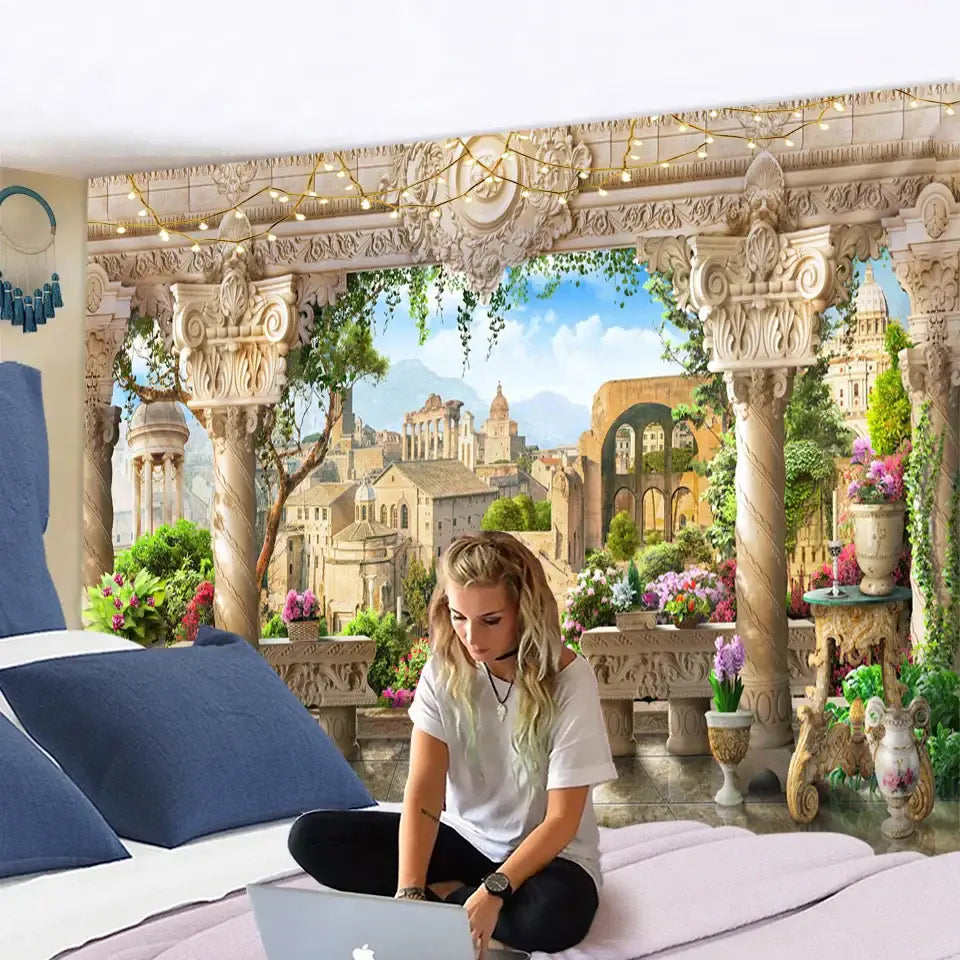 Classical beige garden landscape wall tapestry with ornate columns and lush gardens decorbites garden landscape decor