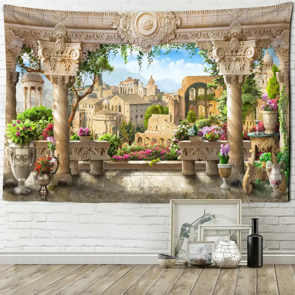 Classical beige garden landscape wall tapestry featuring ornate stone columns and vibrant flowers for bedroom decorbites decor