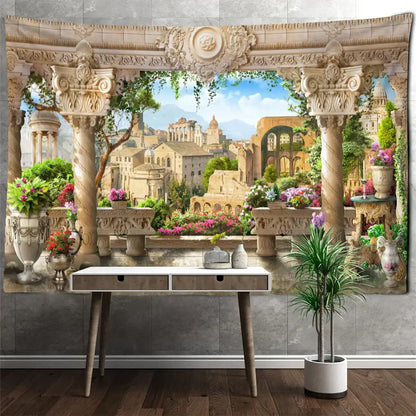 Beige ornate classical garden landscape wall tapestry with stone columns and vibrant flowers for bedroom decorbites decor