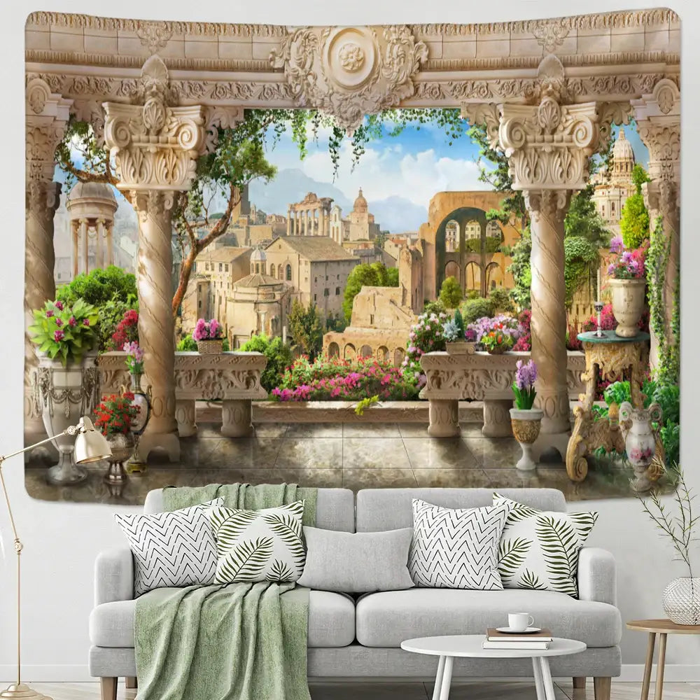 Beige ornate stone archway garden landscape wall tapestry featuring classical columns and vibrant flowers for bedroom decor