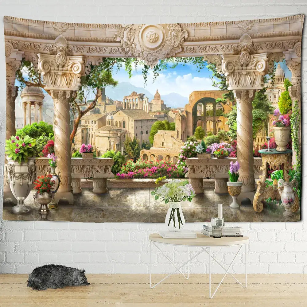 Classical beige garden landscape wall tapestry featuring stone columns and roman-style courtyard decorbites garden landscape