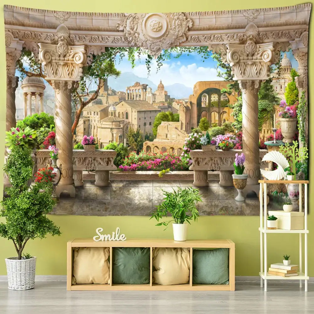 Beige stone-columned garden landscape wall tapestry with roman-style courtyard and vibrant flowers for bedroom decor