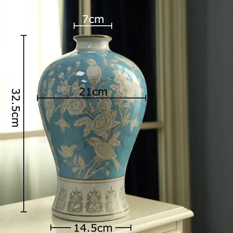 Classical blue and white porcelain vase with intricate white porcelain floral and bird decorbites blue patterns for living room decor
