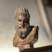 Bronze-colored classical bust sculpture hercules with detailed curly hair and beard on decorative base decorbites art sculpture