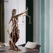 Bronze-colored justice goddess resin figurine holding scales and sword for living room decor by decorbites