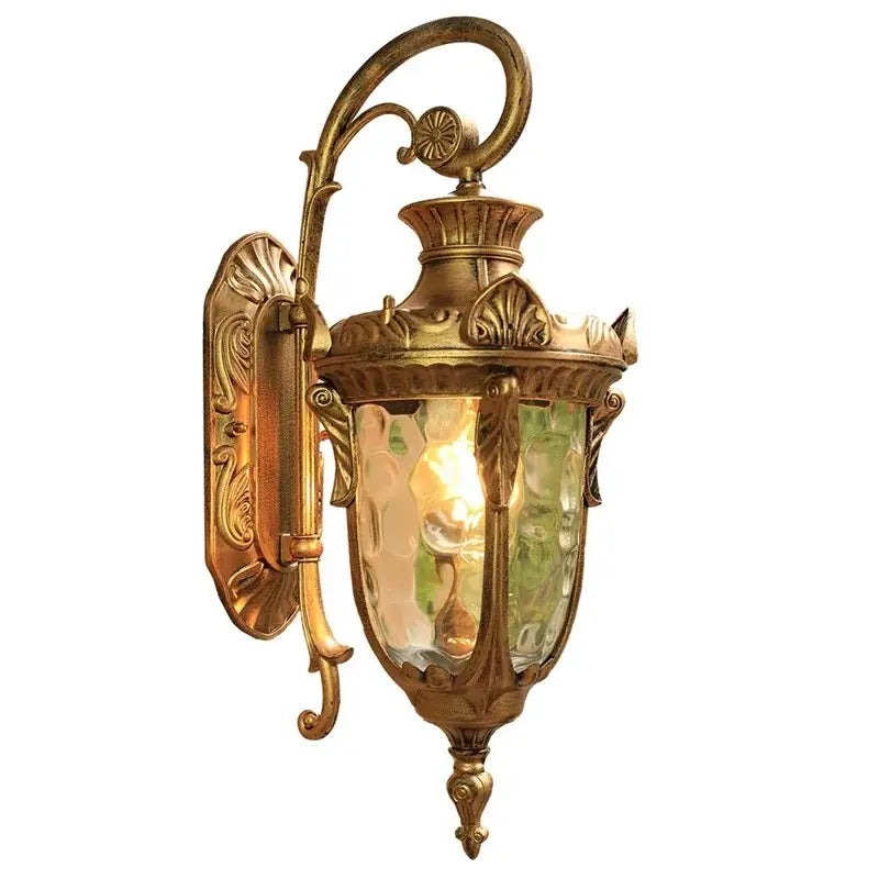 Classical bronze led outdoor wall lamp with antique brass finish ornate scrollwork and textured green glass panels for decorbites bronze led wall lamp
