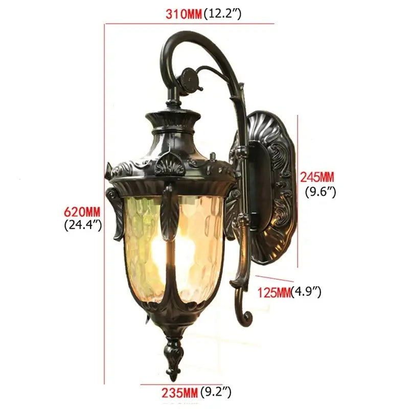 Classical bronze led outdoor wall lamp with antique bronze finish wrought iron and textured amber glass panels decorbites bronze led wall lamp