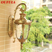Classical bronze led outdoor wall lamp with brass-finished ornate design and textured glass panels for decorbites bronze led