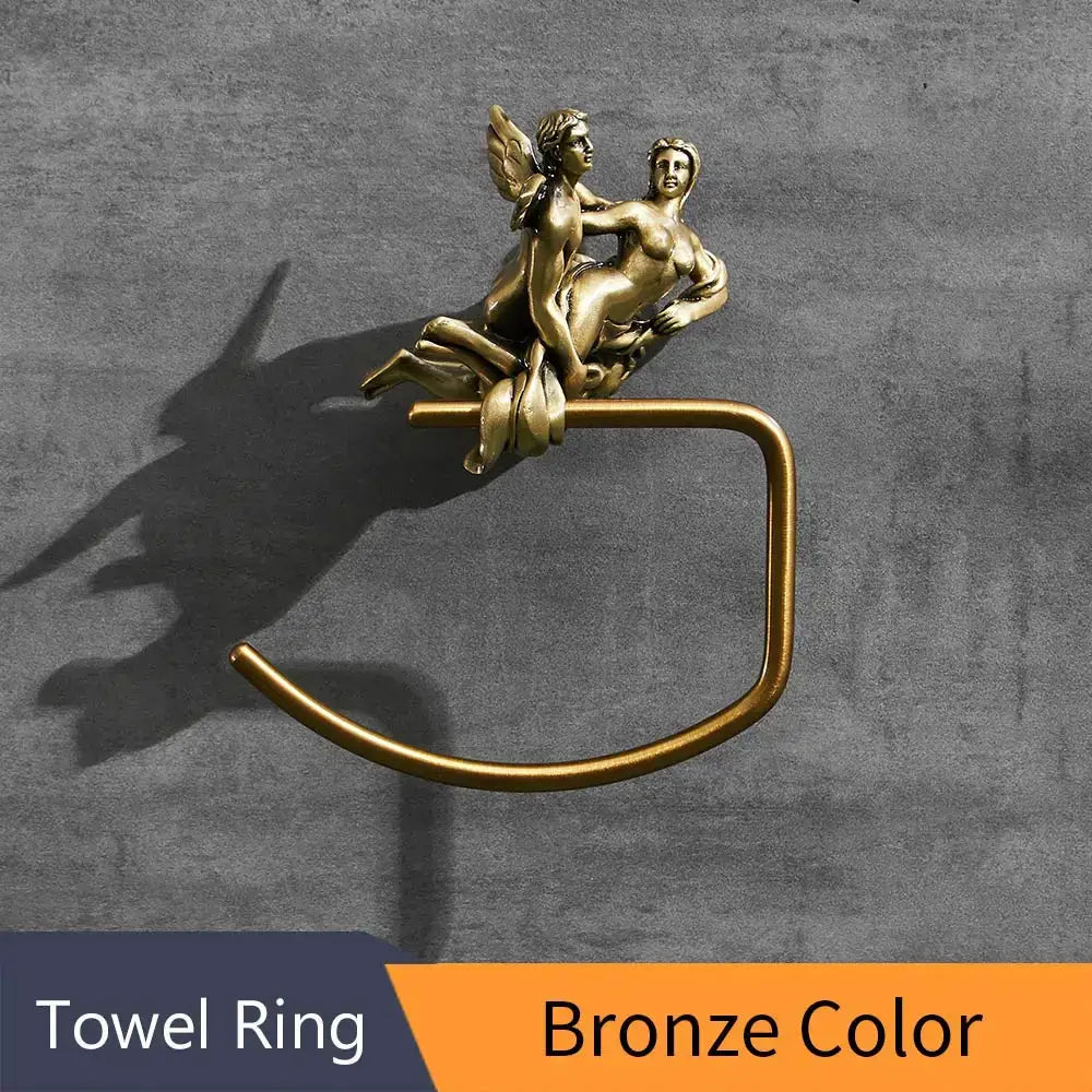 Classical decorbites bronze towel rack with bronze-colored metal ring featuring ornate winged figures for shower room decor