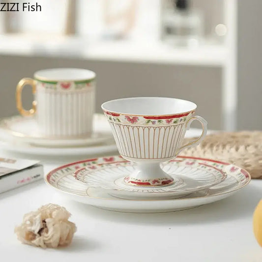 Classical gold-striped ceramic cup and saucer set featuring a white porcelain ceramic cup with gold rim and red floral patterns