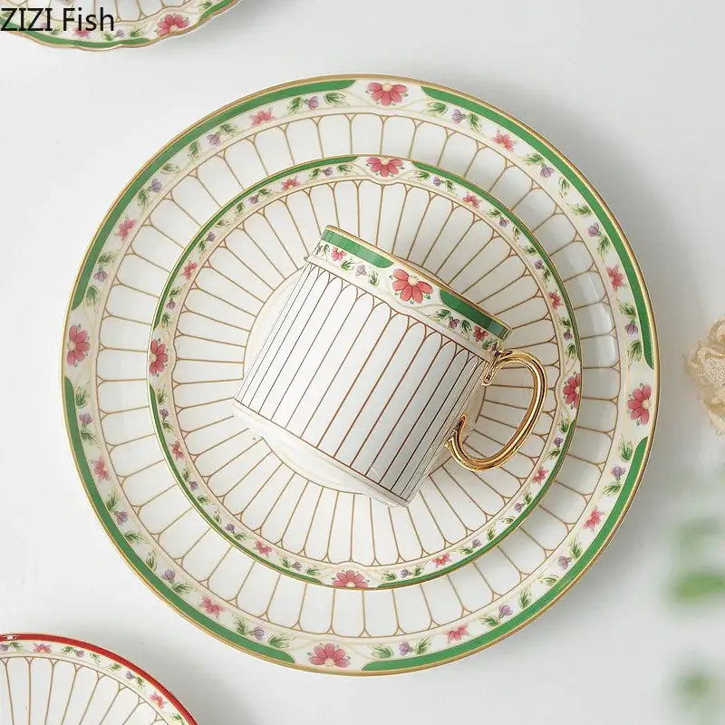 Classical gold-striped ceramic cup and saucer set with white ceramic cup featuring gold handle and floral patterned rim