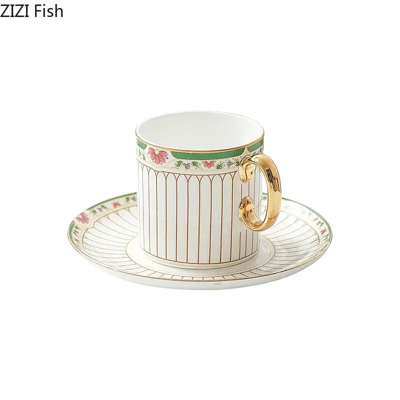 White porcelain classical gold-striped ceramic cup and saucer set with brown stripes and pink floral dining room design