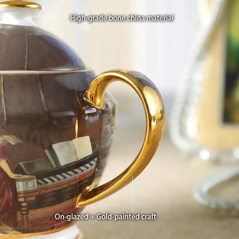 Elegant dark brown bone china teacup with gold handle and piano scene ornate design for decorbites sugar bowl creamer set