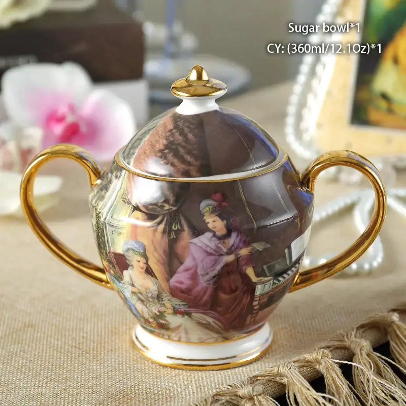 Classical gold trimmed bone china sugar bowl with porcelain glossy finish and painted classical figures decorbites creamer set