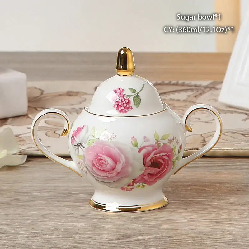 Classical gold trimmed bone china sugar bowl with pink rose design and two handles in decorbites creamer set