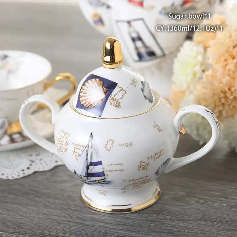 Classical gold trimmed white ceramic sugar bowl with nautical illustrations from decorbites bone china creamer set