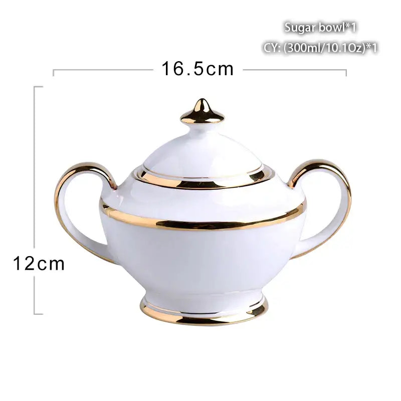 White ceramic sugar bowl with gold trim and handles part of decorbites bone china classical creamer set