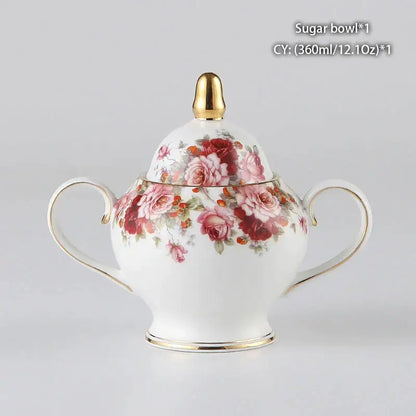 Classical gold trimmed decorbites bone china sugar bowl with pink and red rose floral pattern in white porcelain
