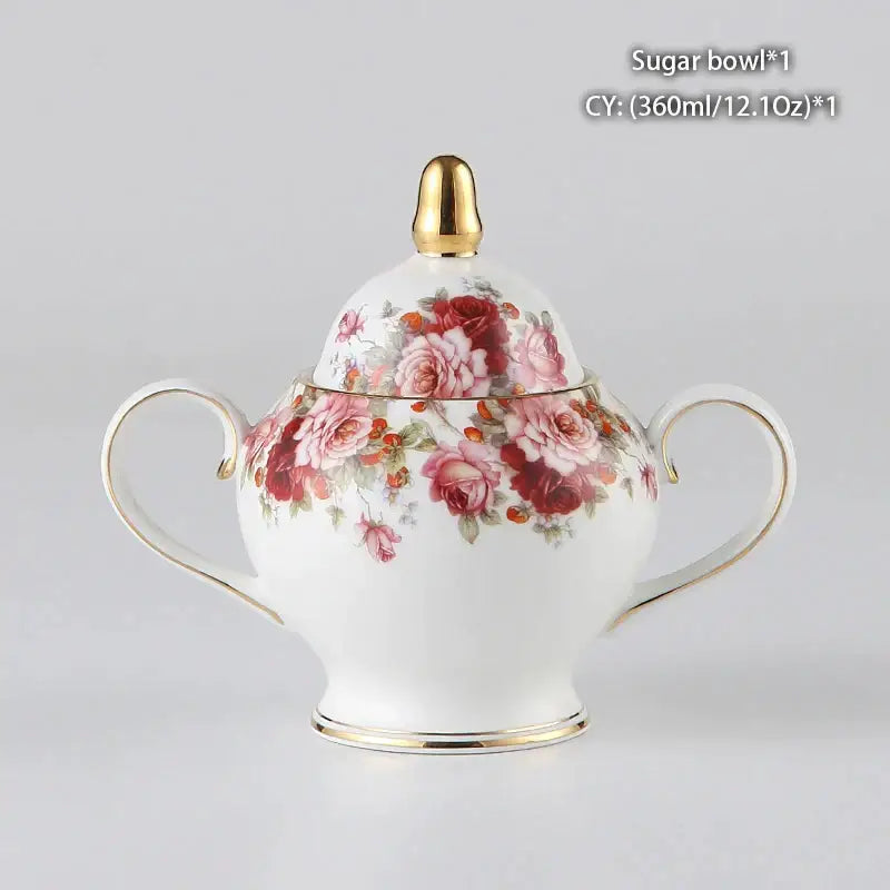 Classical gold trimmed decorbites bone china sugar bowl with pink and red rose floral pattern in white porcelain