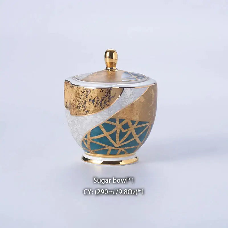 Elegant ceramic sugar bowl with gold and teal geometric design and marble-like patterns from decorbites bone china creamer set