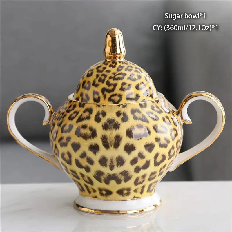 Classical decorbites bone china yellow and brown leopard-print sugar bowl with gold-trimmed handles and lid